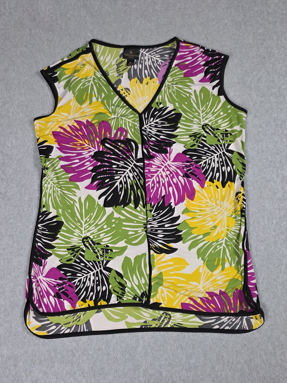 Worthington Tropical Leaf V-Neck Sleeveless Top in Yellow, Green, Pink & Black
